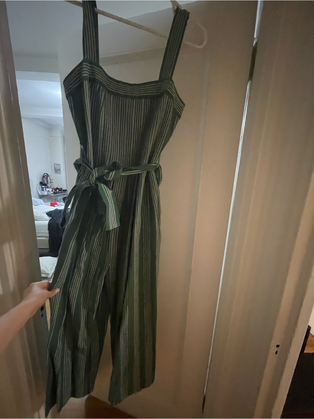 Petit Bateau Green and White Striped Tie-Waist Jumpsuit